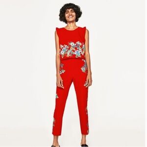 NWT Zara Red Side Floral Ankle Pants